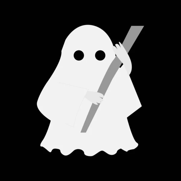 Beyaz hayalet ikonu. Korkunç bir karakter korkutmaya çalışır, ellerini kaldırır. Cadılar Bayramı ve korkunç sonbahar tatili. Fantezi ve hayal gücü, mistisizm. Poster ya da afiş. Çizgi film düz vektör çizimi