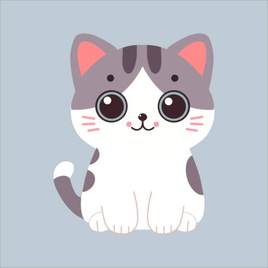 Cat Sitting Cartoon - Cute Gray Cat Kawaii Sit