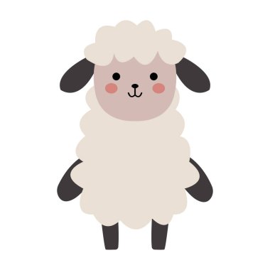 Yüzü kızaran sevimli vektör koyunlar, düz bir tarzda, beyaz arka planda izole edilmiş. Koyun çizimi. Çocuk için tasarım, çocuk posteri, duvar boyası, kartpostal, davetiye.