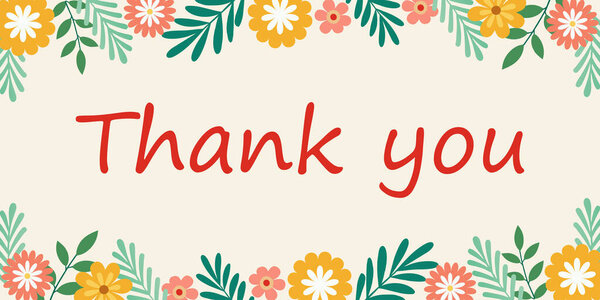 Thank you card with flowers and leaves. Vector Illustration. EPS10