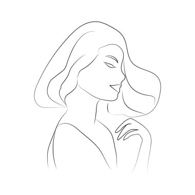 Güzel kız suratı. Çekici genç kadın portresi kadın güzellik konsepti. Sürekli bir çizgi çiziyor. Siyah ve beyaz vektör çizimi