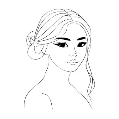 Güzel kız suratı. Çekici genç kadın portresi kadın güzellik konsepti. Sürekli bir çizgi çiziyor. Siyah ve beyaz vektör çizimi