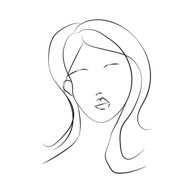 Güzel kız suratı. Çekici genç kadın portresi kadın güzellik konsepti. Sürekli bir çizgi çiziyor. Siyah ve beyaz vektör çizimi