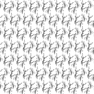 Çiçeksiz desenler. Çayır bitkileri, yapraklar, yapraklar ve çiçekler. Her yerde parmak izi var. Modern düz stil botanik kolajı. Çiçekli siluetler. siyah ve beyaz baskı. Çiçek çizimleri koleksiyonu.