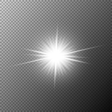 Lens parıltısı ve parıltılarıyla şeffaf parlayan yıldız ışığı etkisi. Dekorasyon, tasarım, kaplamalar ve şenlik projeleri için saydam bir arkaplan üzerinde parlak beyaz patlama izole.