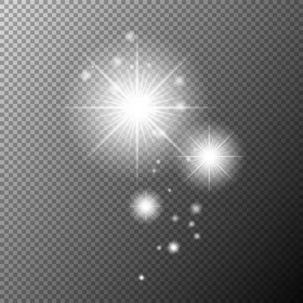 Lens parıltısı ve parıltılarıyla şeffaf parlayan yıldız ışığı etkisi. Dekorasyon, tasarım, kaplamalar ve şenlik projeleri için saydam bir arkaplan üzerinde parlak beyaz patlama izole.