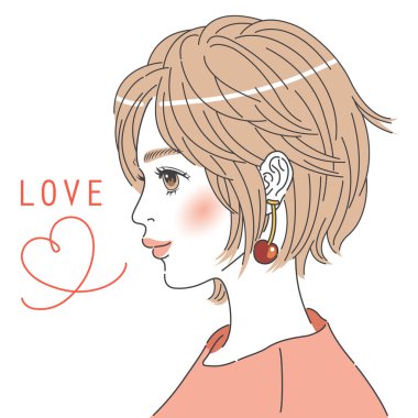 Kısa kesim bir kadının profil çizimi. Bir kalp izinin ve bir kadının yüzünün renginin çizimi..
