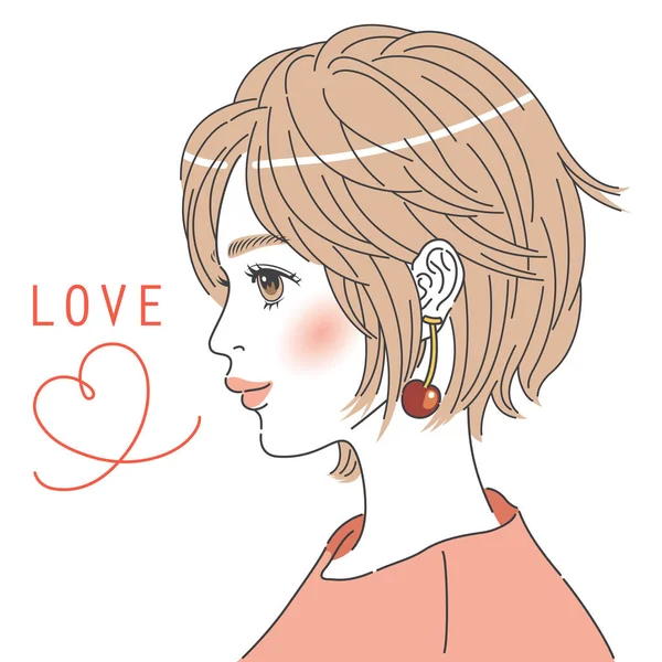 Profile Illustration Bob Cut Woman Color Illustration Heart Mark Side — Stock Vector