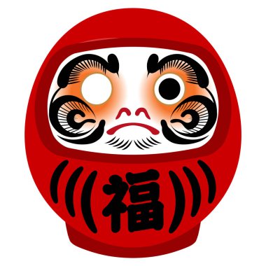 Tek gözü olan kırmızı bir Daruma bebeğinin resmi. Geleneksel bir Japon zanaatı. Resimdeki kanji Japonca 