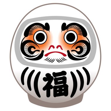 Geleneksel bir Japon zanaatı olan beyaz Daruma bebeğinin bir tasviri. Resimdeki kanji karakterleri Japonca 'da 