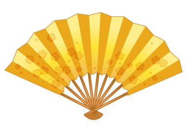 It is a color illustration of a golden folding fan with a pattern of plum blossoms.It is an illustration of a folding fan which is a Japanese craft.