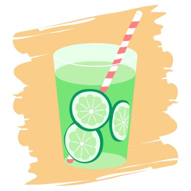 Meyve dilimleri içeren bir meyve suyu çizimi. Kamış ve taze meyve suyu içeren bir bardağın resmedildiği bir simge..