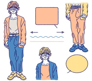 Genç bir adamın duruş pozisyonunun renk çizimi. Genç bir adamın değişik bir tasviri..