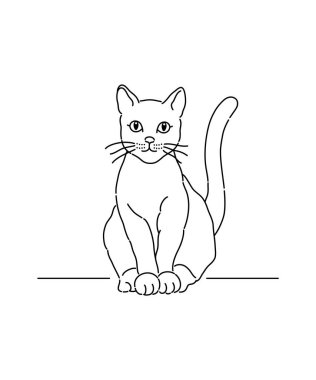 Oturan bir kedinin basit bir çizimi. Siyah çizgilerle çizilmiş, önüne bakan bir kedinin çizimi..