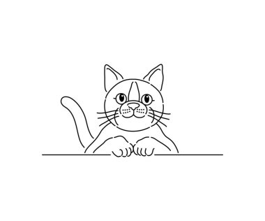 Yukarı bakan bir kedinin basit bir çizimi. Yukarı bakan bir kedinin siyah beyaz çizimi..