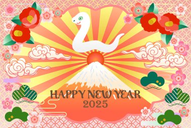 Bu, Yılan Yılı için Japon stili kamelya ve Mt. Dağın resimli yeni yıl şablonu. Fuji. Bu, Yılan Yılı 'nın 2025 yılındaki yılbaşı resmi..