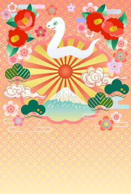 Japon desenlerinin pop tasarımı ve Mt. Dağın çizimleriyle dolu bir yılbaşı kartı şablonu. Fuji. Bu 2025 yılındaki Yılan Yılı için bir yılbaşı kartı olarak oluşturulmuş bir illüstrasyon..