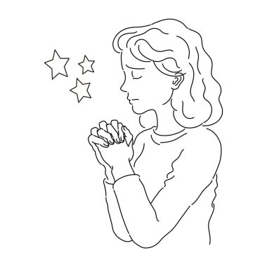 Elleri bağlı olarak yıldızlara dua eden bir kadının el sanatları çizimi. Bu illüstrasyon beyaz arka planda siyah çizgiler çizilmiş dua eden bir kadının üst gövdesinin profilini gösteriyor..
