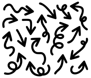 El çizimi siyah ok simgesi seti. Beyaz arkaplan üzerine siyah çizilmiş çeşitli yönleri gösteren bir ok setinin görüntüsü..