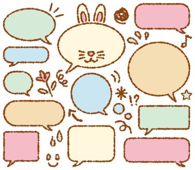 Sevimli el yapımı konuşma baloncukları olan renkli çizimler. Bu bir konuşma balonu ve pastel renklerle çizilmiş bir sembol..