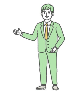 Bu, el hareketleriyle yön gösteren bir iş adamının çizimi. Bu basit renk çizimi takım elbiseli bir işadamını gösteriyor..