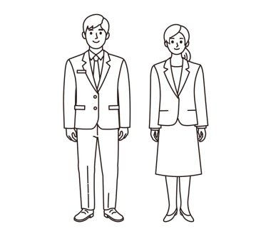 İki iş adamının siyah-beyaz çizimi, bir erkek ve bir kadın. Bu, Japon bir erkek-kadın iş adamının basit bir çizimi..