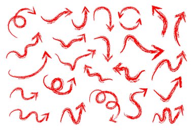  Elle çizilmiş kırmızı ok simgeleri. Basit bir kırmızı çizgi ok çizimi çizimi.