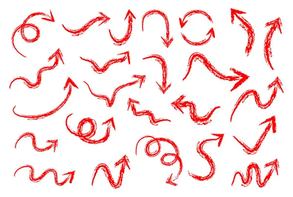  Elle çizilmiş kırmızı ok simgeleri. Basit bir kırmızı çizgi ok çizimi çizimi.