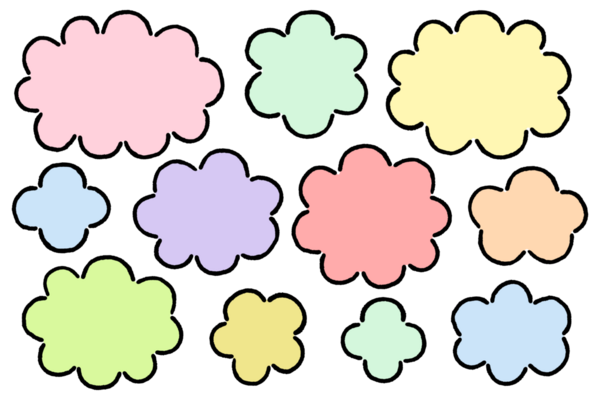 Renkli Bulut Biçimli Konuşma Kabarcığı Çizimi. Pastel renkli bulut şekilli bir simge seti.