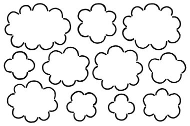 Basit Kara Çizgi Bulut şekilli Çerçeveler. El çizimi bir siyah çizgi ile çizilmiş bulut şekilli çerçeve bir varyasyon seti.