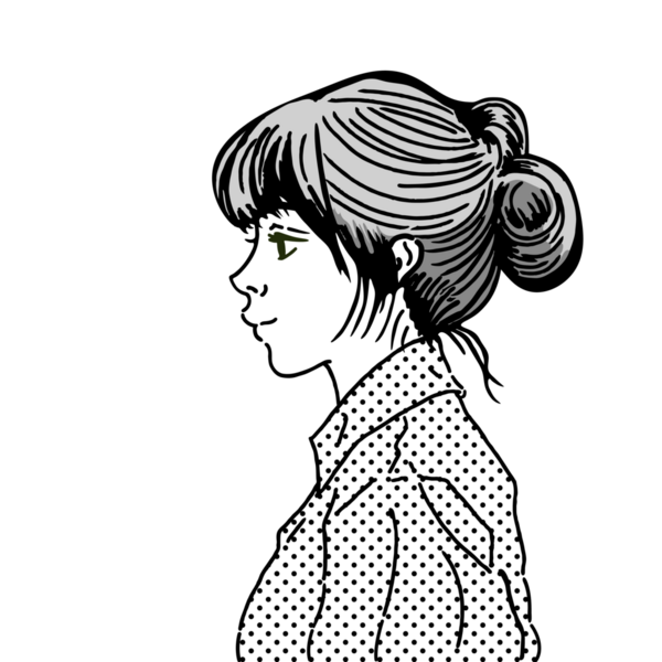 Updo saç stili olan bir kadının yan profili. Saçları topuz şeklinde olan genç bir kadının monokrom çizimi..