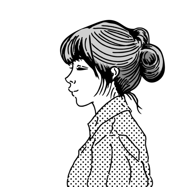 Gülümseyen bir kadının yan profili. Saçları topuz şeklinde olan genç bir kadının monokrom çizimi..