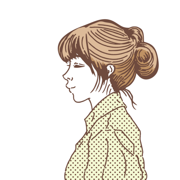 Saç stili yüksek bir kadının yan profili. Renk Çizimi. Saçları topuz şeklinde olan genç bir kadının çizimi..