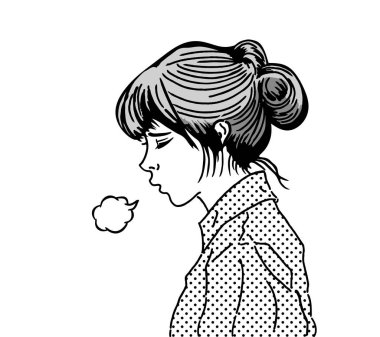 Profil Stres ve Yorgunluk Konseptinde İç Çeken Melankolik Kadın. Genç bir kadının vücudunun üst kısmının çizimi..