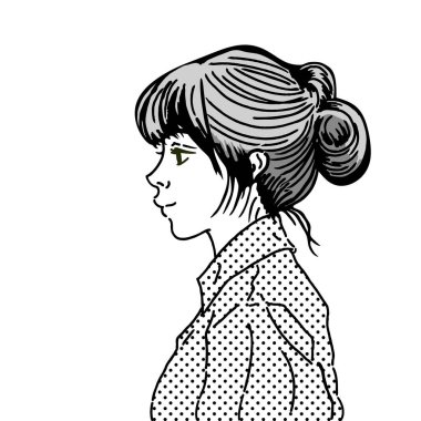 Updo saç stili olan bir kadının yan profili. Saçları topuz şeklinde olan genç bir kadının monokrom çizimi..