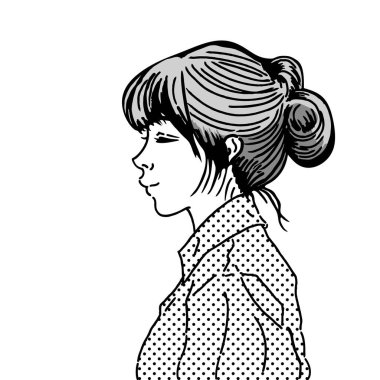 Gülümseyen bir kadının yan profili. Saçları topuz şeklinde olan genç bir kadının monokrom çizimi..