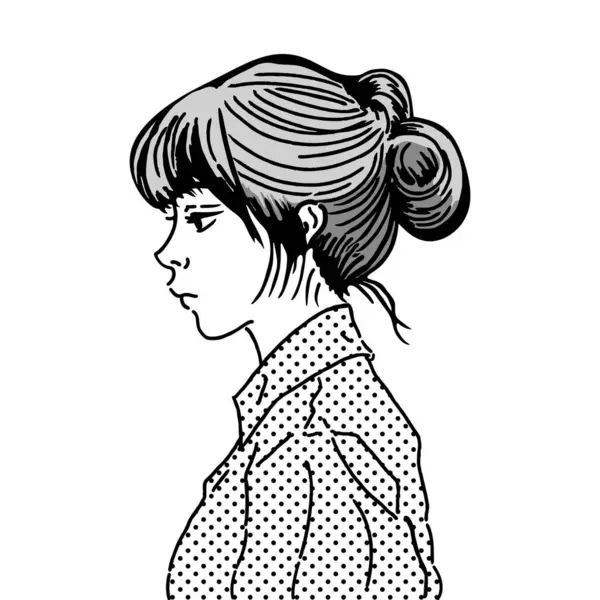 Moody Woman 'ın siyah beyaz çiziminin yan profili. Updosu olan genç bir kadının profili..