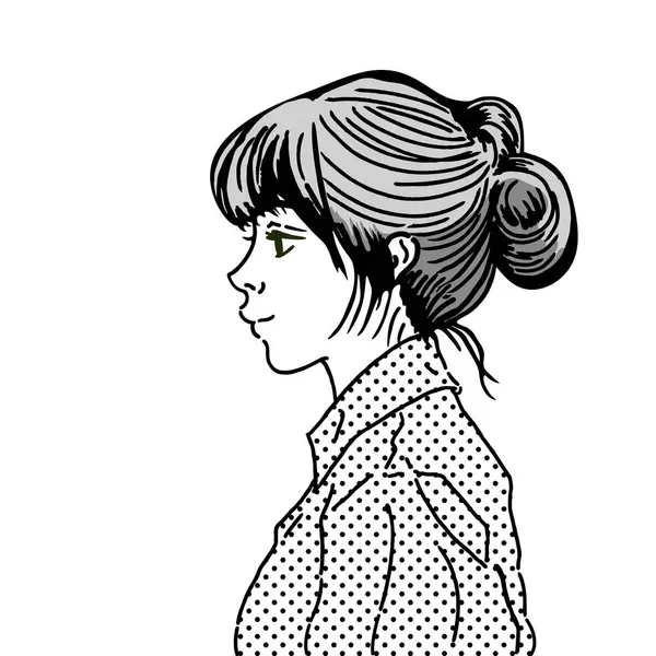 Updo saç stili olan bir kadının yan profili. Saçları topuz şeklinde olan genç bir kadının monokrom çizimi..