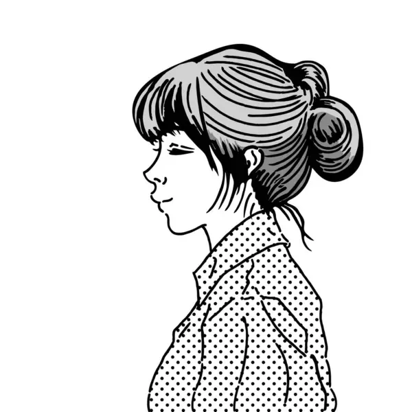 Gülümseyen bir kadının yan profili. Saçları topuz şeklinde olan genç bir kadının monokrom çizimi..