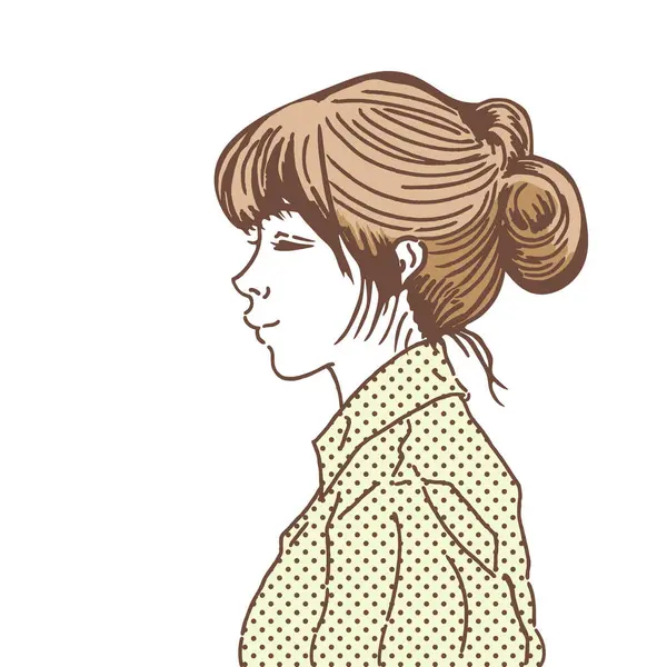 Updo saç stili olan bir kadının yan profili. Renk Çizimi. Saçları topuz şeklinde olan genç bir kadının çizimi..