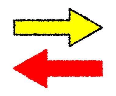 Elle çizilmiş Sarı ve Kırmızı Ok Simgeleri Beyaz Arkaplanda. Sağ ve sol ok simgesi seti.