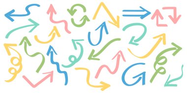 El Çizimi Ok Simgesi Renkli Taslak Yönlendirme Sembolleri Ayarlandı. Çeşitli yönleri gösteren renkli ok simgelerinin bir varyasyonu.