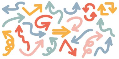 El yazısı Ok Simgesi Koyu, Renkli ve Sketchy Tarzı. Çeşitli yönleri gösteren renkli ok simgelerinin bir varyasyonu.