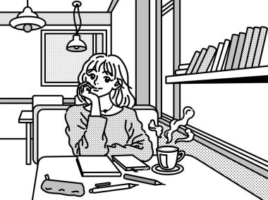 Bir kafede, çenesi Elinin Üzerinde Dinlenen Genç Bir Kadın. Bir Kafe 'de Yalnız Rahatlayan Genç Bir Kadının Tek Renkli Çizimi.