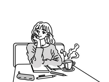 Kafe Masası 'nda genç bir kadın çenesini elinin üzerinde dinlendiriyor. Kahvede Masada oturan Gülümseyen Kadın.