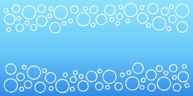 Suda yüzen hava kabarcığının kesme sanatı arka planı. Mavi gradyan arkaplandaki boya kalemleriyle çizilmiş polka noktaları.