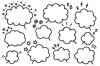 Bu, bulutların şeklindeki konuşma baloncuklarının ve çerçevelerin bir dizi siyah-beyaz çizimi. Bu, duyguları ifade eden bulutlar ve semboller şeklindeki konuşma baloncuklarının bir dizi çizimi..