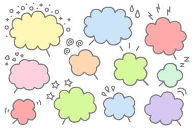 Bulut şeklindeki renkli konuşma baloncukları ve çerçevelerin çizimleri. Bu, duyguları ifade eden bulutlar ve semboller şeklindeki konuşma baloncuklarının bir dizi çizimi..