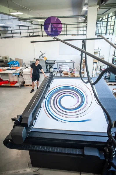 Professional Worker Printmaker Technician Operator Works Printing Press Hall Printshop — Stock Photo, Image