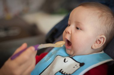 Beautiful baby boy eating porridge food, with a spoon. Hungry baby with open mouth enjoying food. Mother feeding her baby